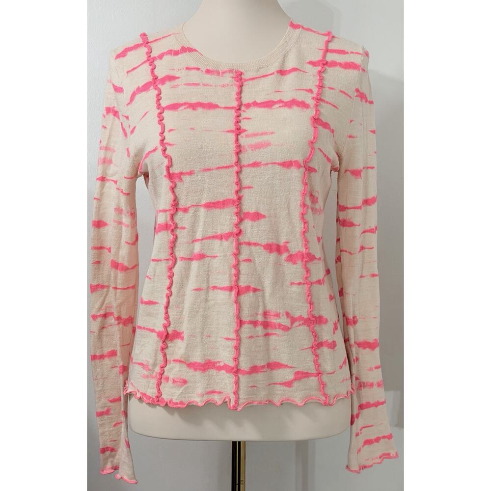 Lisa Todd Shibori Print Neon Pink/Tan Crew Neck Pullover Sweater Preppy SMALL S